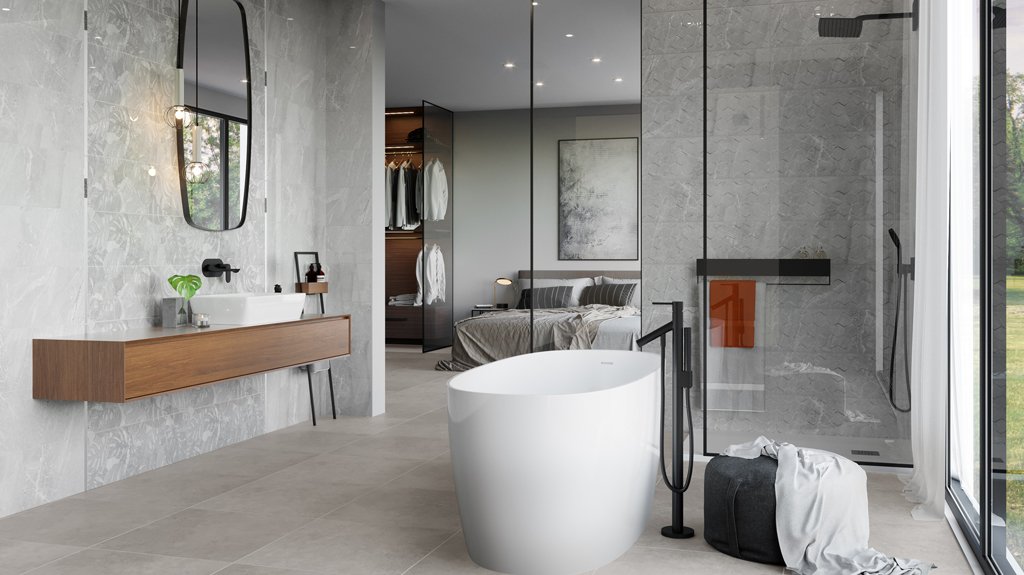 #Koupelna #kámen #Moderní styl #šedá #Velký formát #Lesklý obklad #700 - 1000 Kč/m2 #Ceramika Konskie #malaga